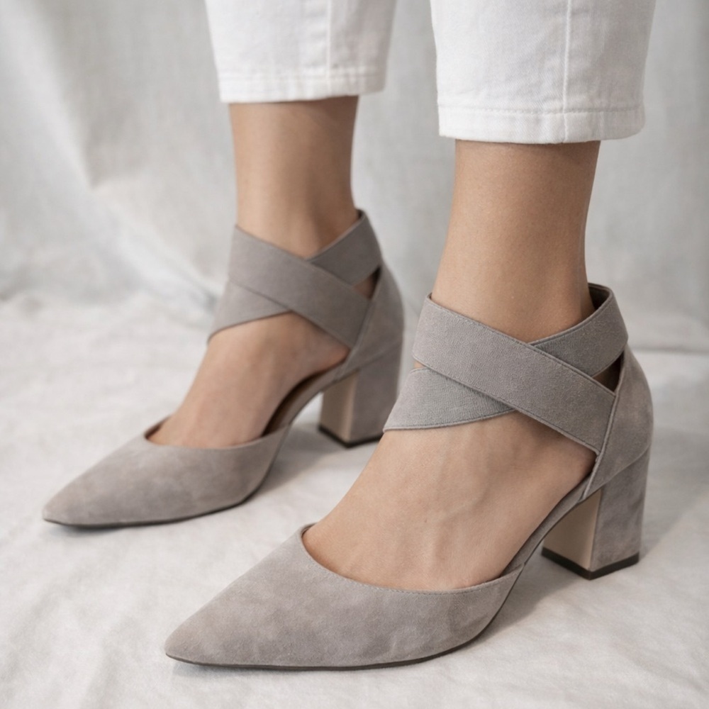 Franco Sarto Gray Suede Block Heel Pumps
